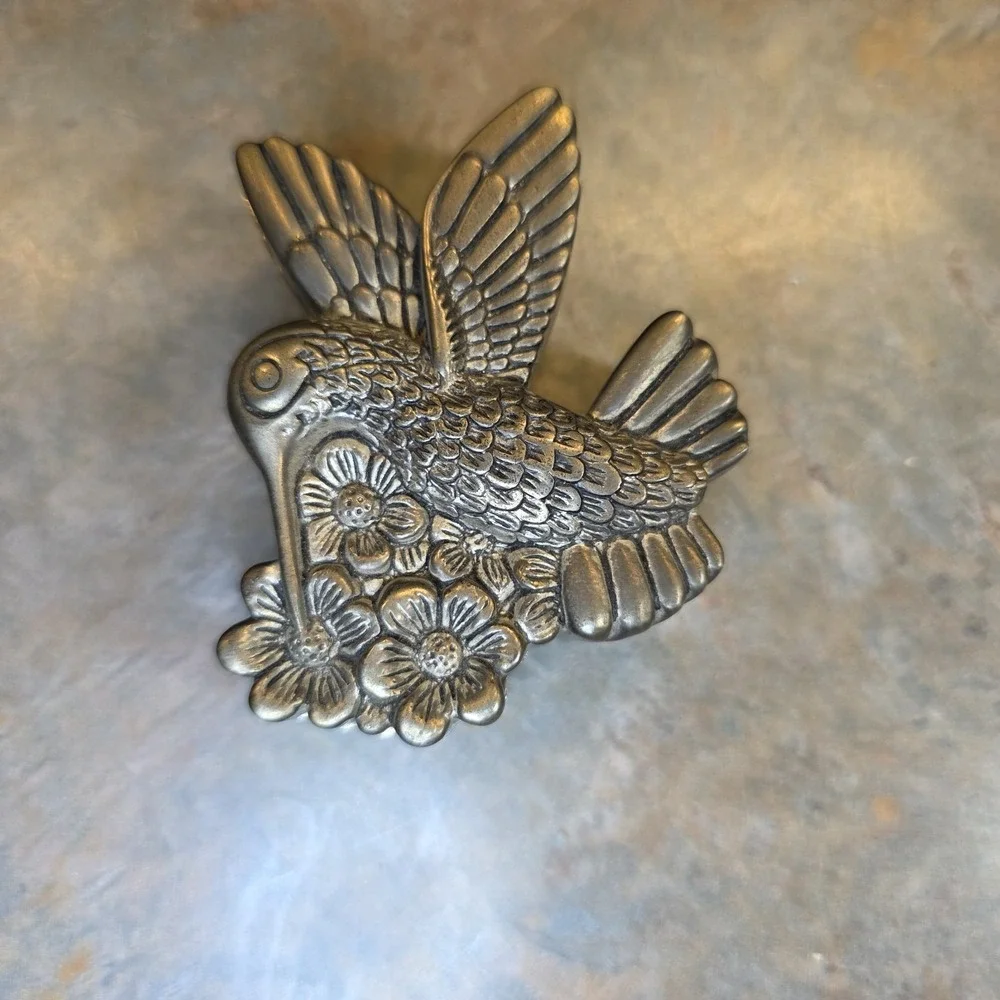 Vintage Silver Plated Hummingbird Trinket Box Lined Bird Garden